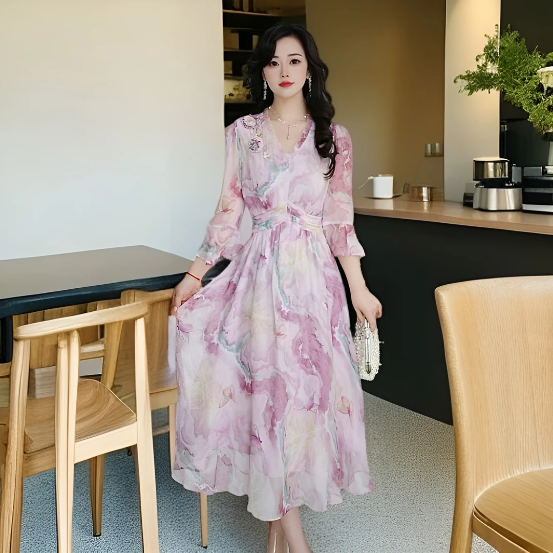 【千羽定制】温柔风印花连衣裙2025年夏季设计感收腰显瘦碎花裙子