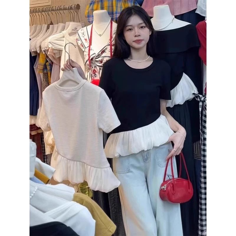 高级感不规则假两件拼接正肩T恤女2025夏季新款修身显瘦短袖上衣