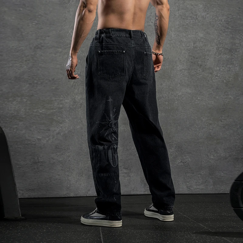 鹿家门秋冬新款直筒休闲裤大码运动百搭休闲小脚印花宽松牛仔裤