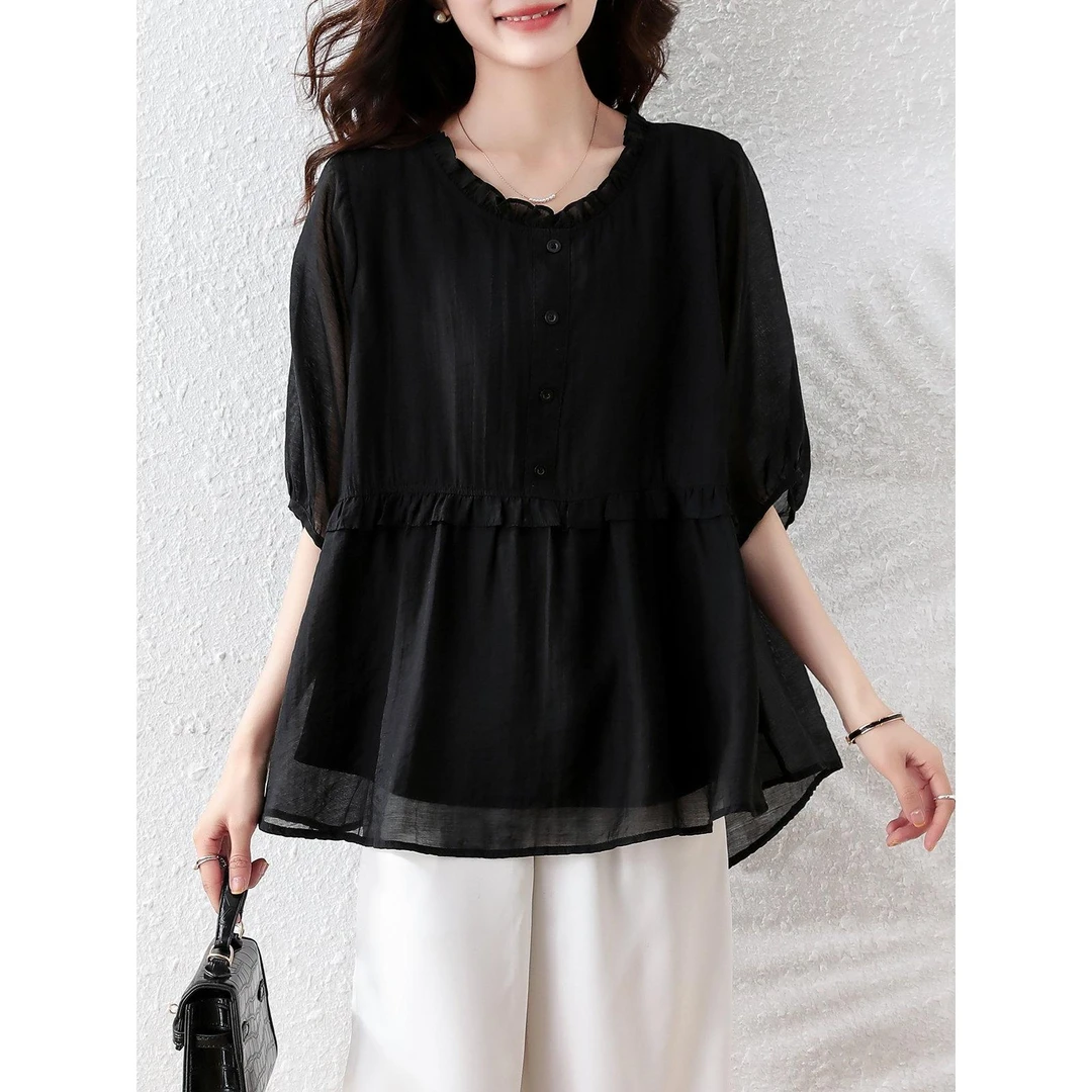 中年妈妈气质夏装年轻上衣2025新款小衫女大码宽松胖mm高级感1646