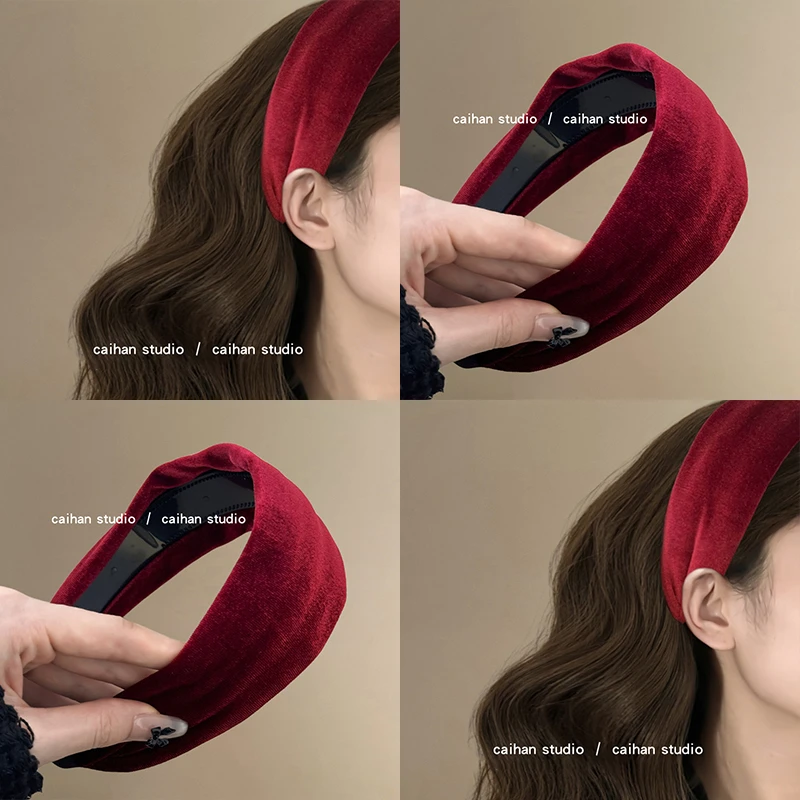 玫瑰酒红~复古安可拉红宽边发箍显白高颅顶丝绒头箍气质旅行发卡