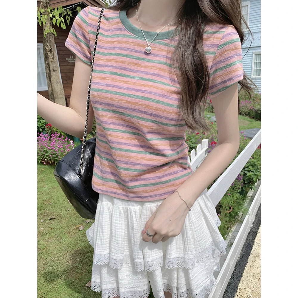 DIDORSSBO夏季女款时尚休闲修身显瘦彩色条纹圆领T恤短袖F7884