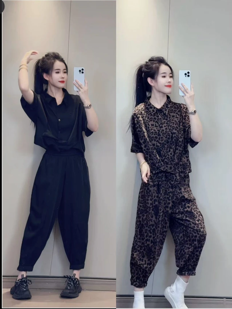 个性不规则豹纹半袖，裤子（单件下单）