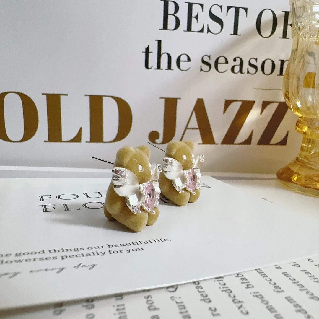 铜合金布艺耳饰 1162 棕色绒植小熊耳钉