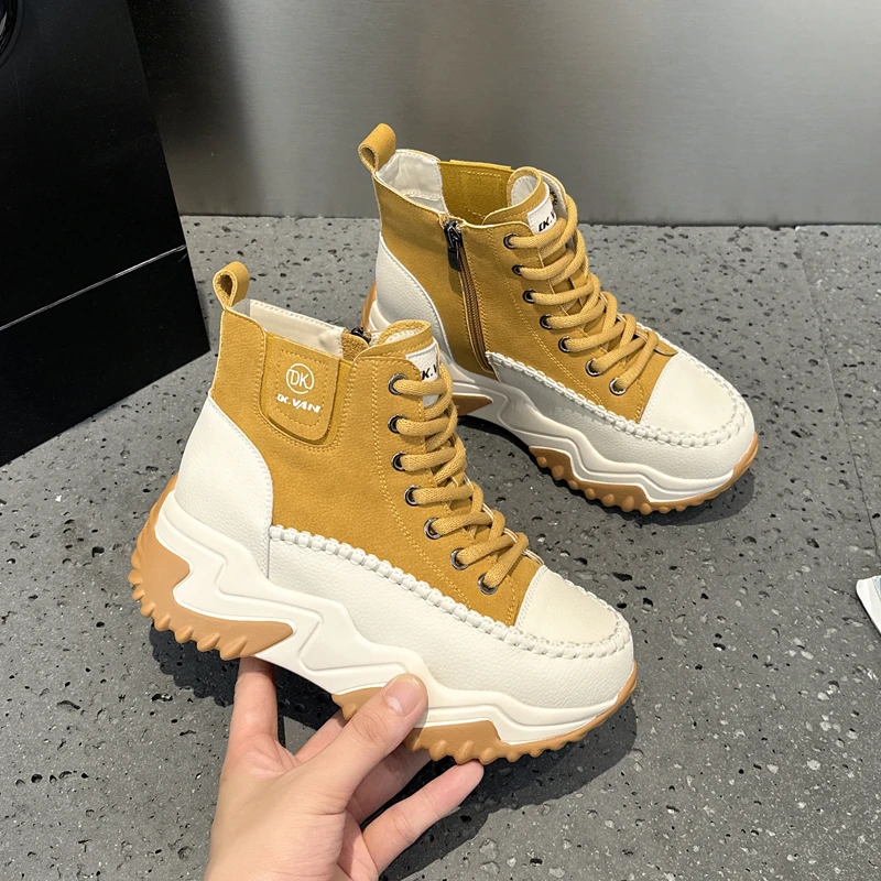 2025秋冬爆款高帮休闲鞋女真皮小个子厚底松糕网红运动小白女鞋子