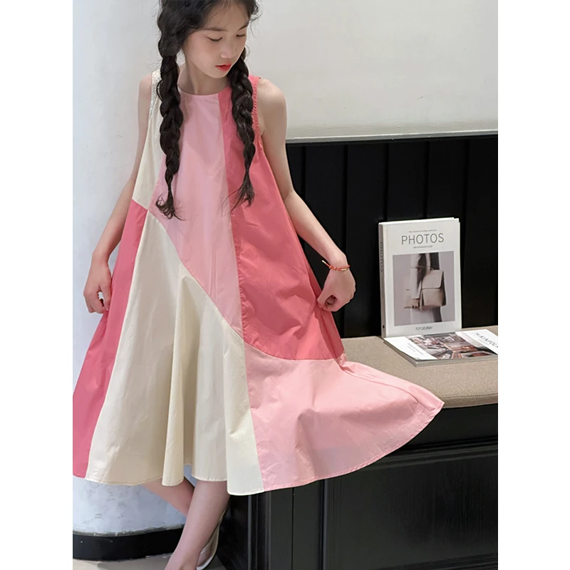 K26542拼色女童连衣裙2025夏季新款儿童无袖裙子休闲女孩背心裙潮