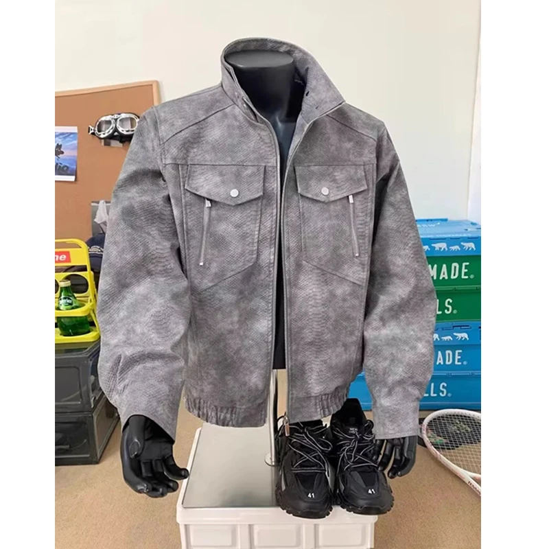 vintage蛇年限定蛇鳞纹廓形哈灵顿夹克男生ootd美式工装皮衣外套