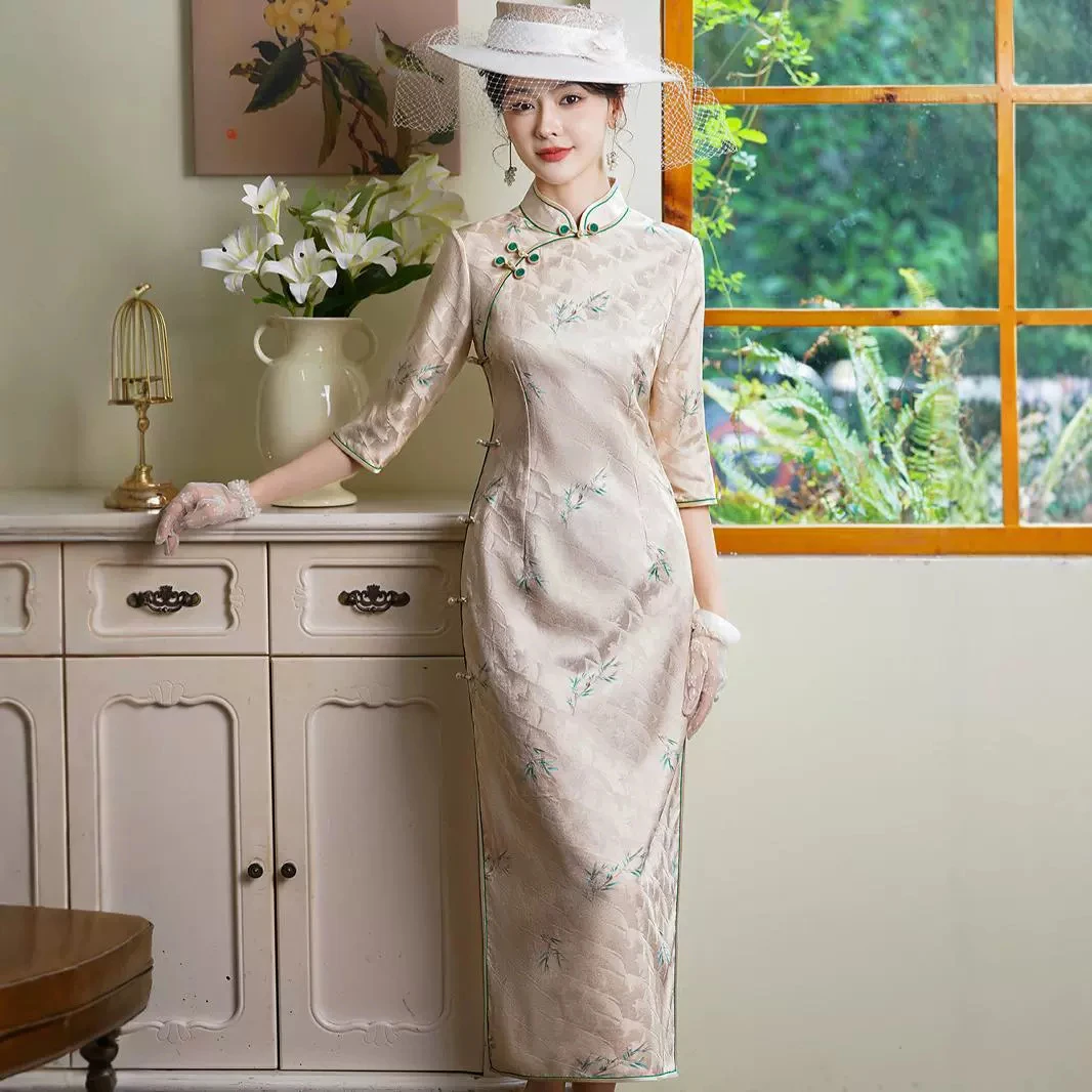 高端交织桑蚕丝旗袍2025新款秋季七分袖改良国风真丝连衣裙年轻款
