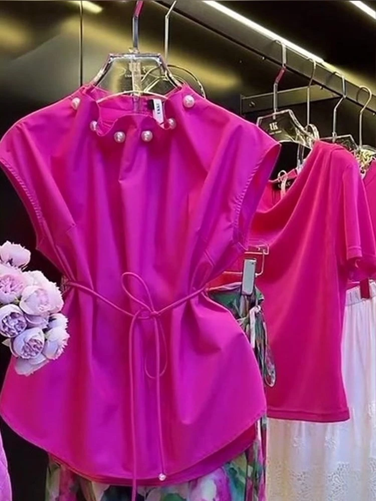 欧货玫红色立领收腰小飞袖背心夏季轻熟风复古大码舒适百搭上衣女