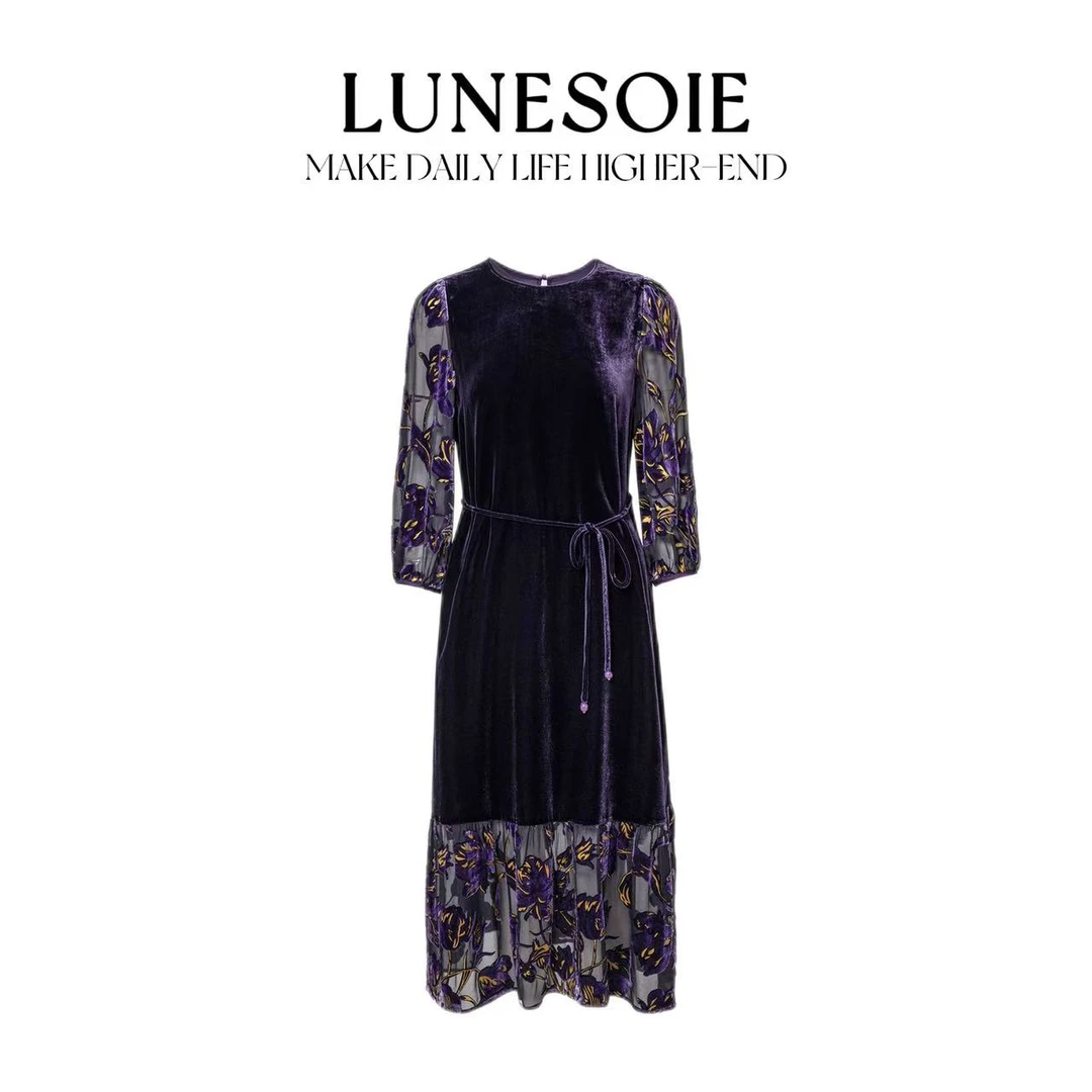 【LUNESOIE】100桑蚕丝真丝丝绒秋冬女士设计感烧花拼接长款连衣裙
