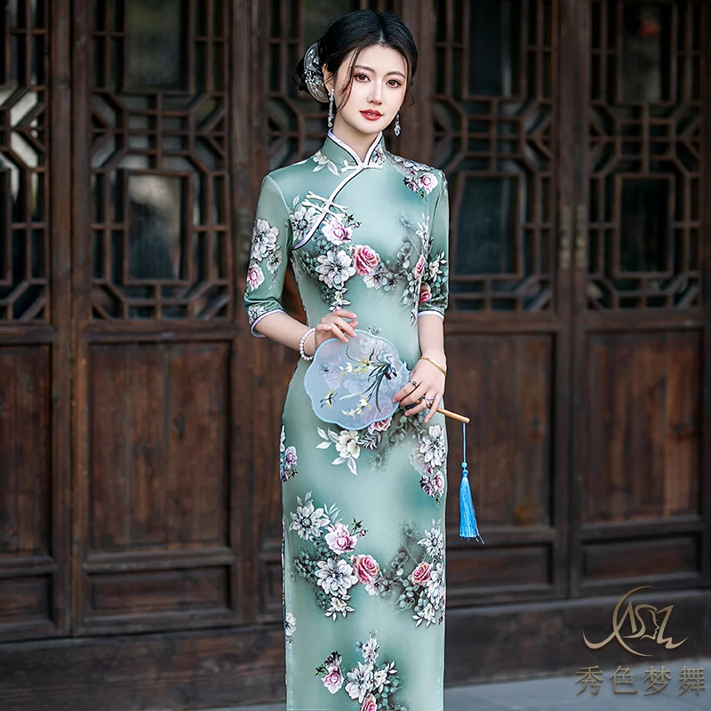 大码夜上海滩复古年轻长款年会舞蹈舞台走秀表演出服修身旗袍夏季