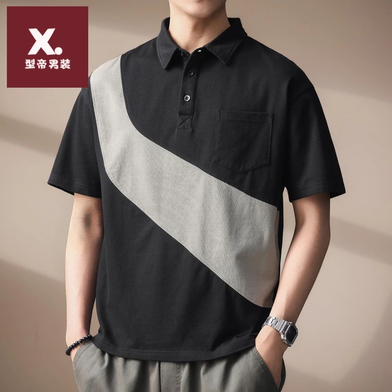 高端美式拼色短袖Polo衫男夏季新款潮牌宽松休闲复古翻领半袖T恤