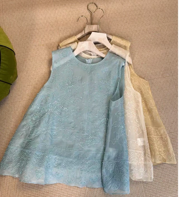 珠片显瘦网红白色时尚百搭黑色无袖茶色上衣 M2406271