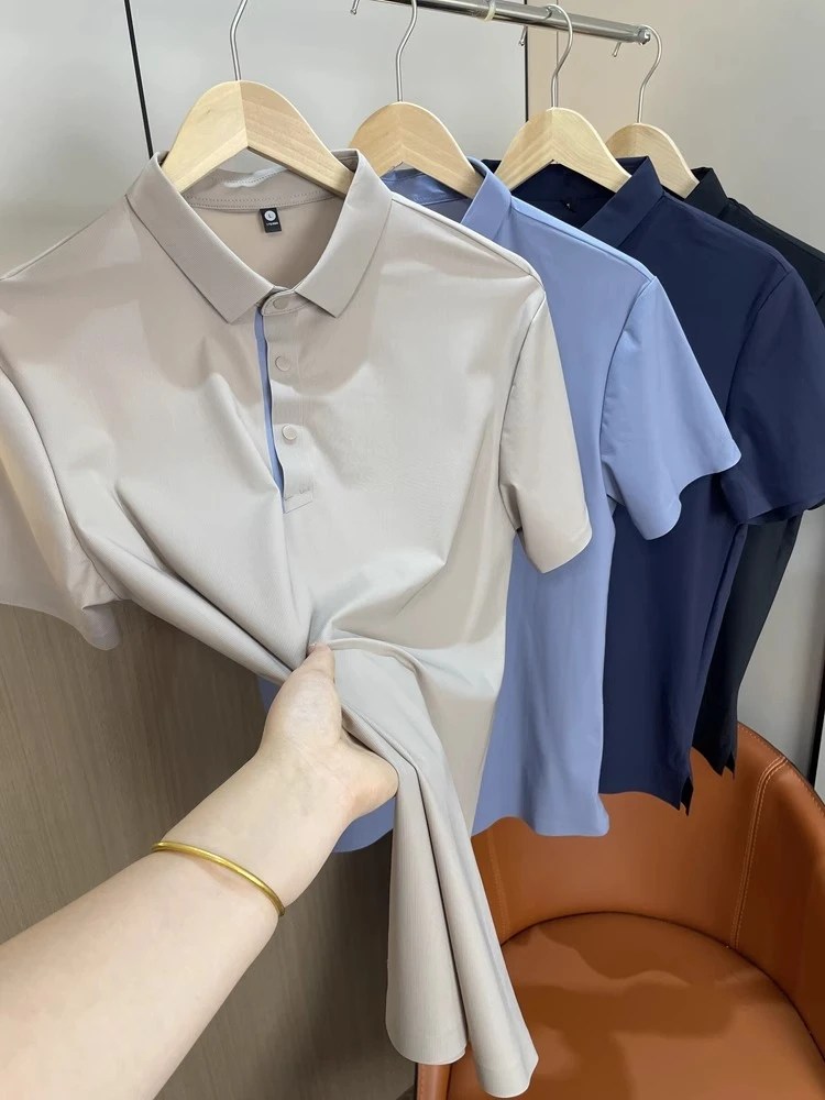 大码300斤轻奢线冰丝速干无痕面料夏季男士外贸商务短袖Polo衫潮.