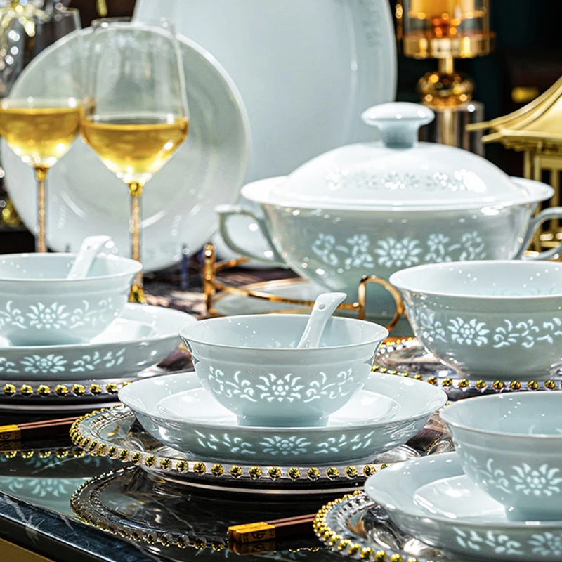 青瓷玲珑圆深盘 景德镇高温陶瓷碗碟餐具缠枝莲 釉下彩家用高档