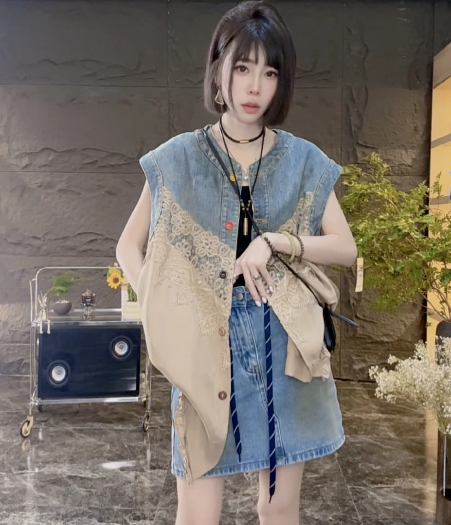 【木棉】铜氨丝高端女装欧洲站女装欧货时尚拼接牛仔马甲A389