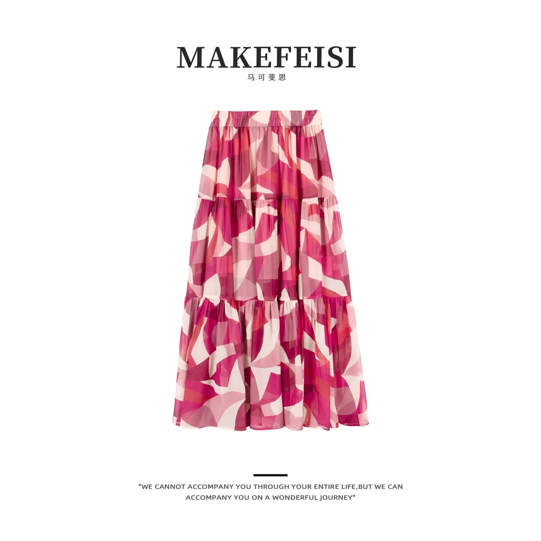 【活动专用】花野初柠系列|度假风人丝几何印花大摆裙BQ287