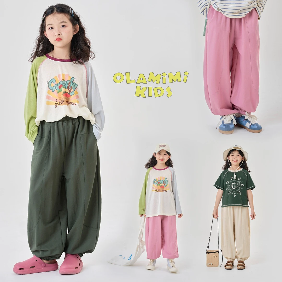 OLAMIMI2025春夏亲子三色简约休闲松软居家慵懒束脚抖抖裤子裤