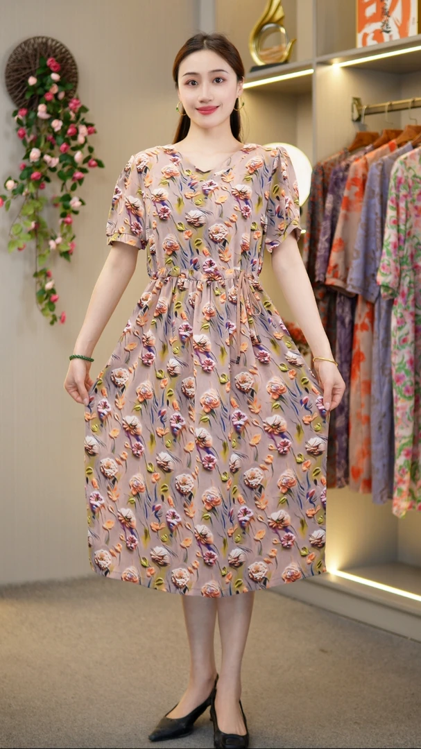 新款妈妈装长裙显瘦收腰洋气【花如生】时尚气质YL