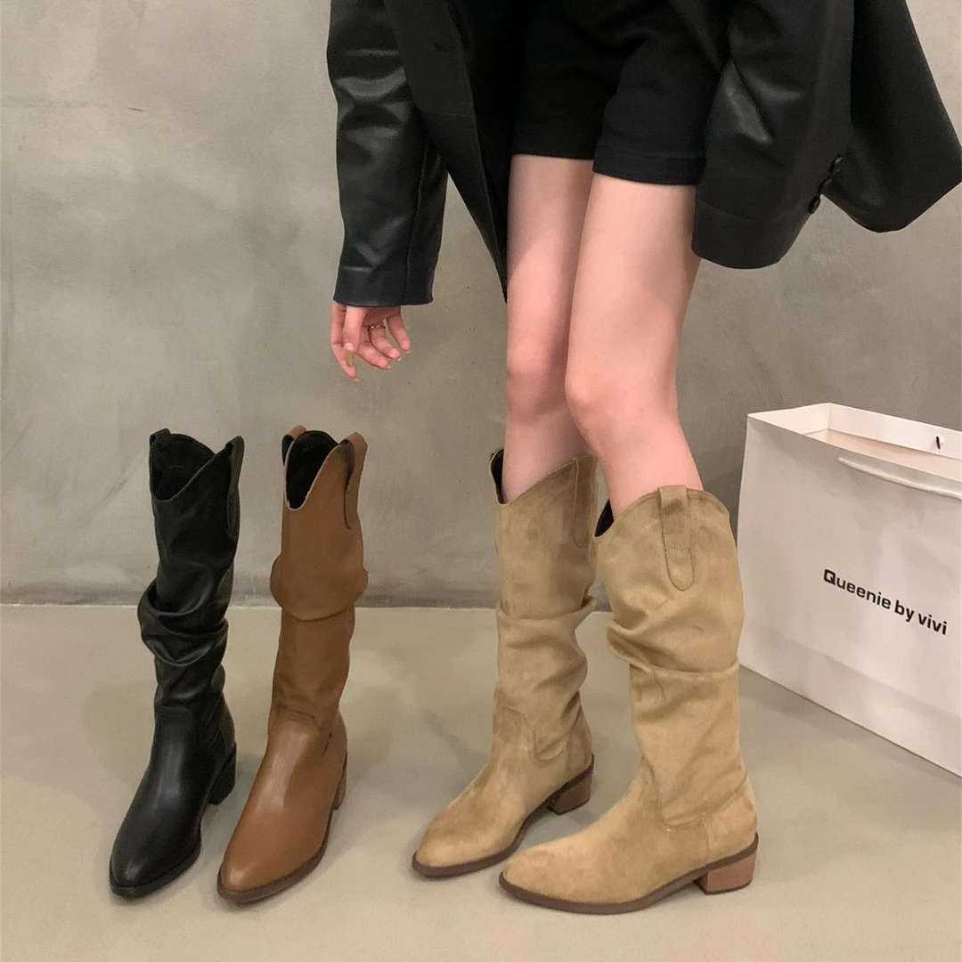 【DR专柜正品】美拉德靴子！复古棕色V口堆堆中筒长靴女鞋2025春