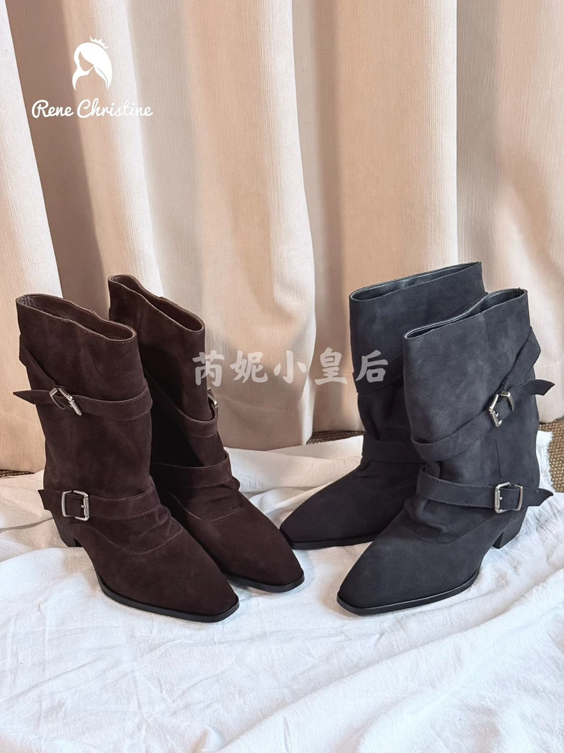 ReneChristine|4cm|秋冬法式复古小方头中筒堆堆靴女粗跟裤管靴
