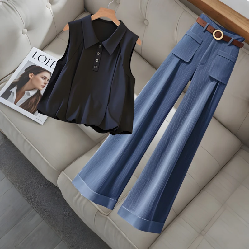 时尚气质减龄高级感宽松上衣女夏季新款小个子休闲百搭裤子两件套