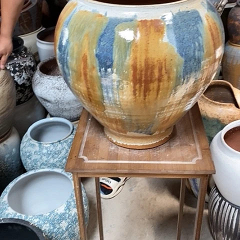紫砂花盆口23高度32蓝油画