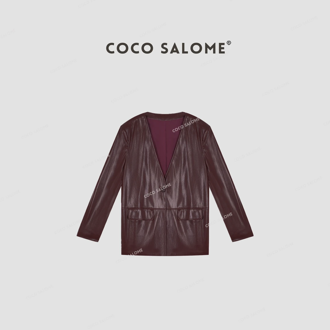 韩彬彬CS"热红酒"2025早春大V领简约百搭皮衣0978-(10)