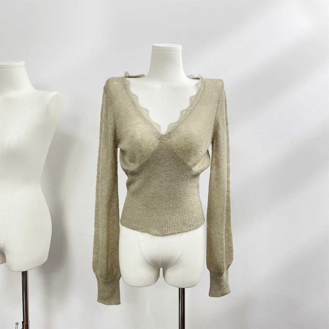 显瘦纯欲温柔蕾丝边v领针织上衣女2025新款显瘦长袖内搭打底衫