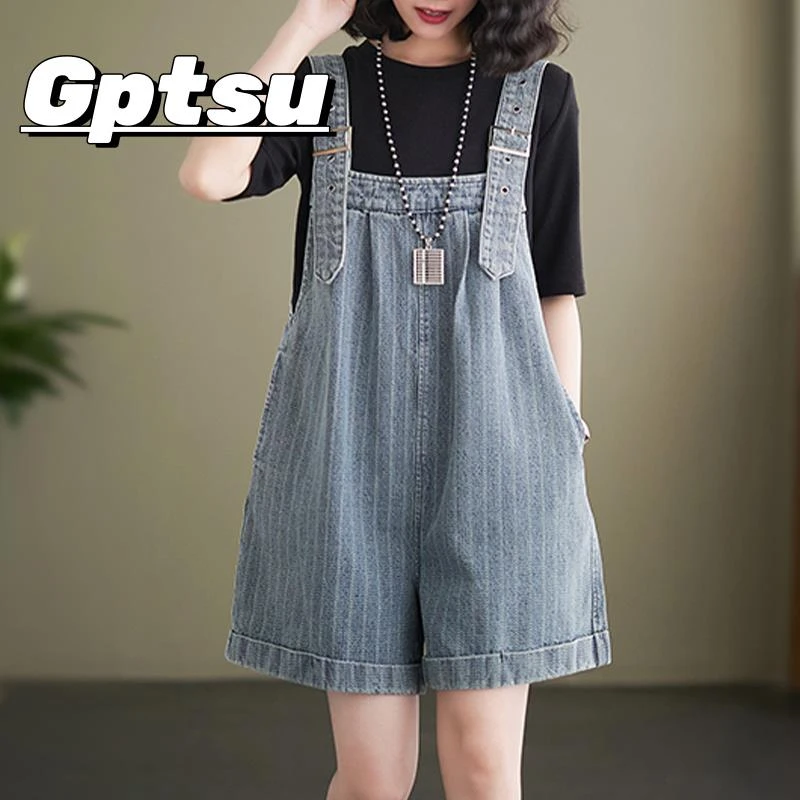GPTSu牛仔背带短裤显瘦裤子女连体裤妈妈装新款大码胖2025季薄款