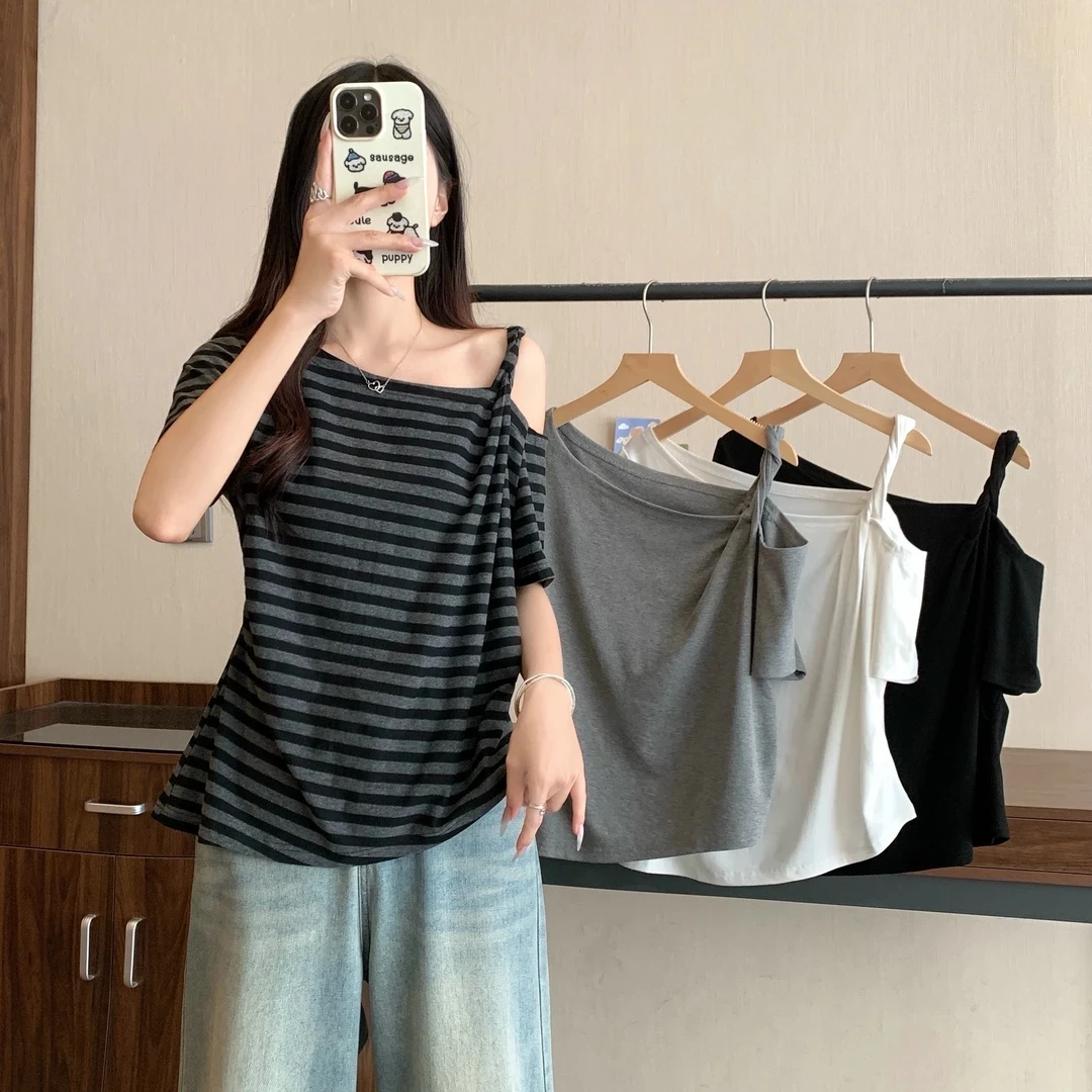 2025年大码女装夏季新款斜领露肩条纹辣妹短袖T恤