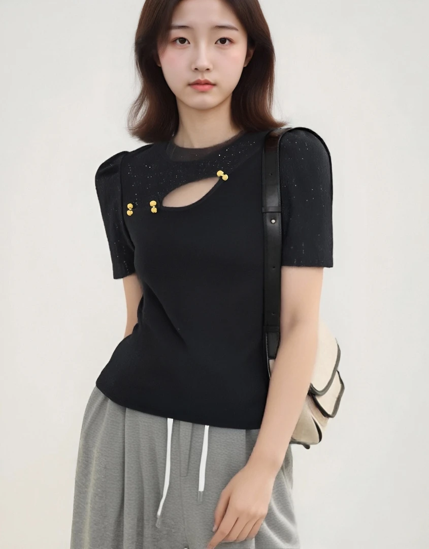 【东方美学】夏款时尚国风新中式拼接镂空短袖上衣T恤女93027