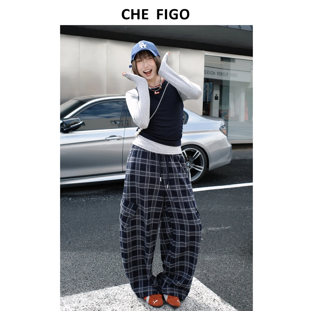 CHEFIGO格纹弹力腰阔腿裤