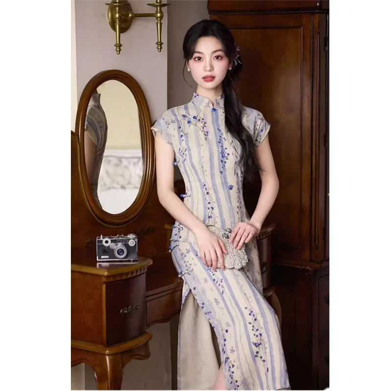 新中式改良旗袍2025夏季新款复古文艺修身气质长款日常短袖旗袍裙