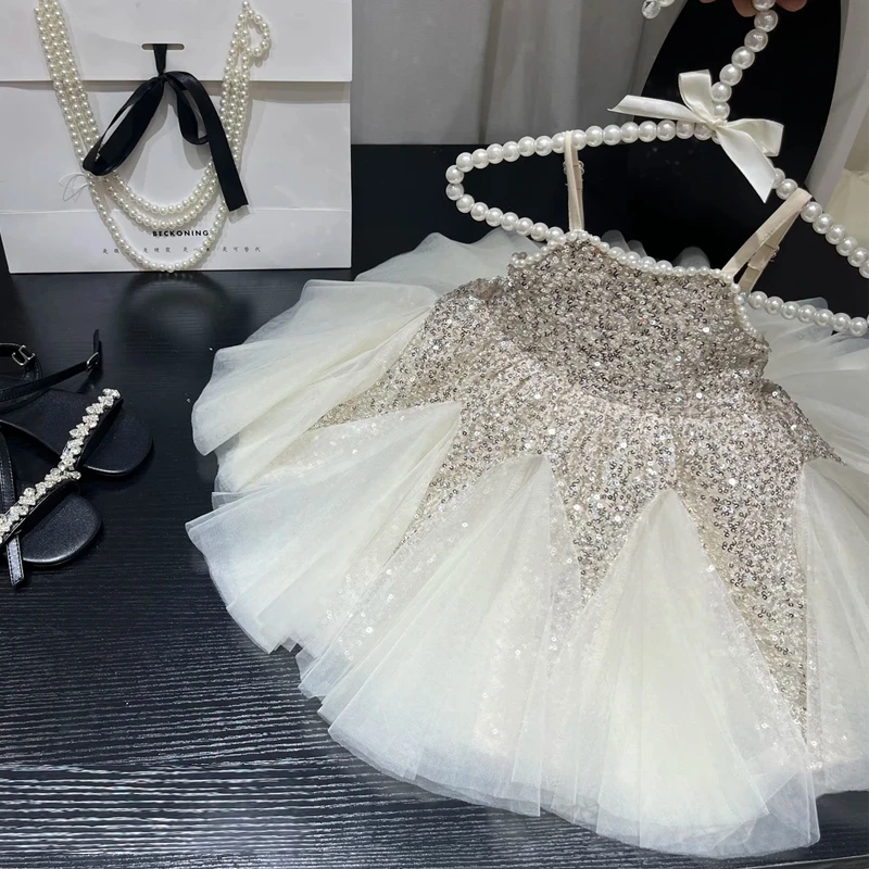 【送头纱】热销夏季新款小众设计亮片软纱女宝生日周岁公主礼服裙