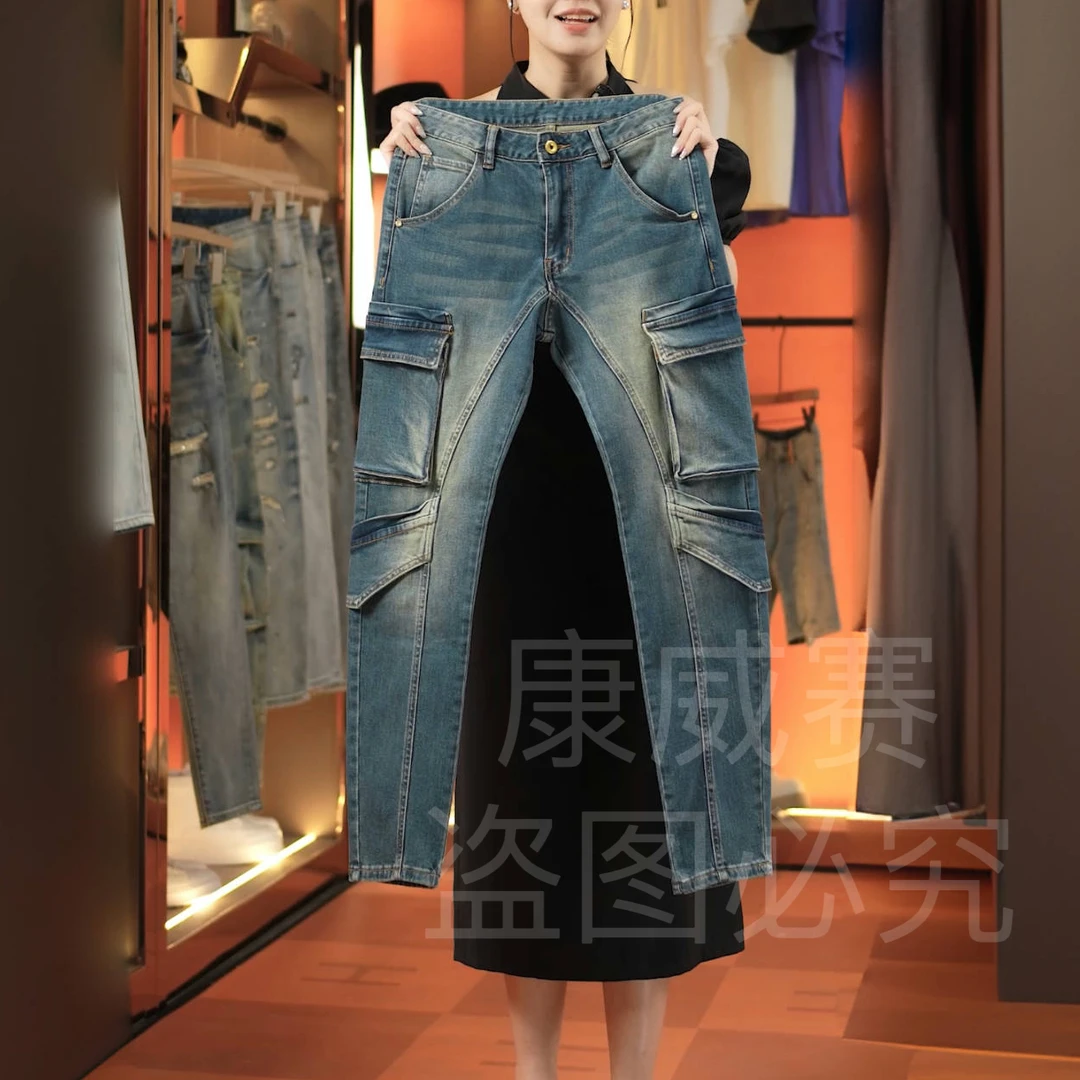 原创高端机车拼接多口袋美式复古蓝色男士牛仔裤修身小直筒弹力潮