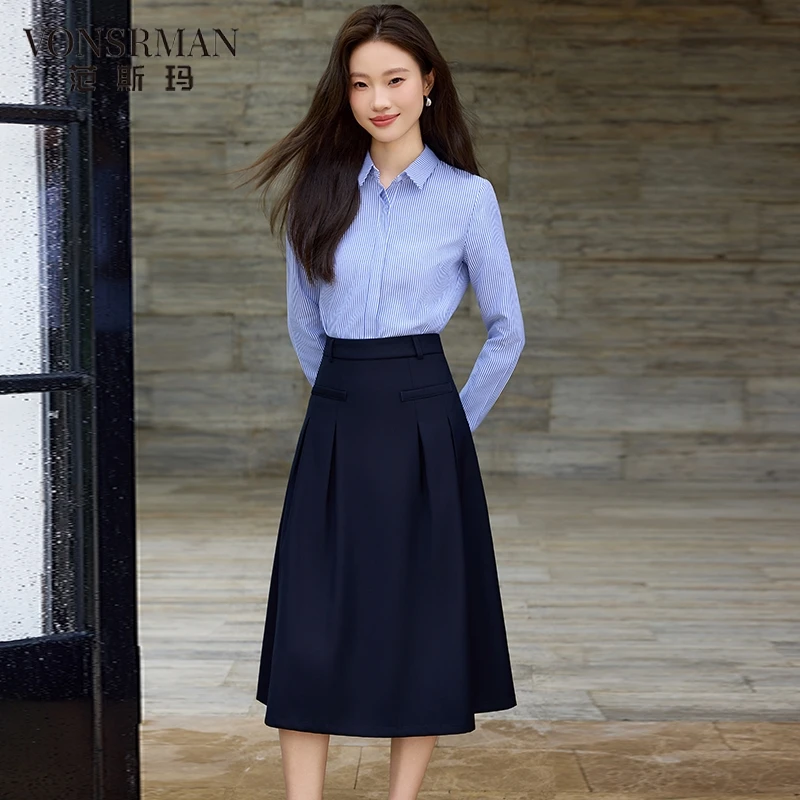 蓝色条纹衬衫女2025新款春秋小个子百搭叠穿休闲长袖洋气衬衣外套