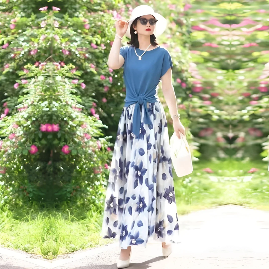 小清新系带收腰短袖T恤女薄针织衫上衣中长款大摆碎花半身裙夏季