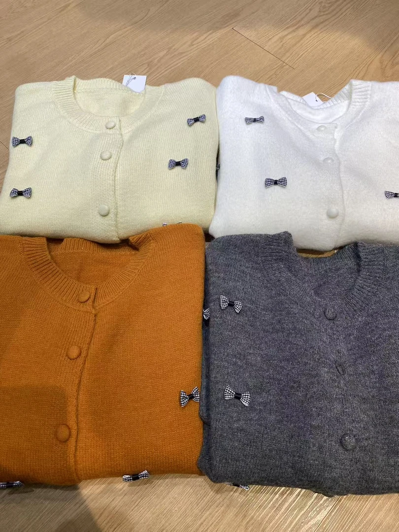 蝴蝶结复古针织毛衣女秋冬开衫25728