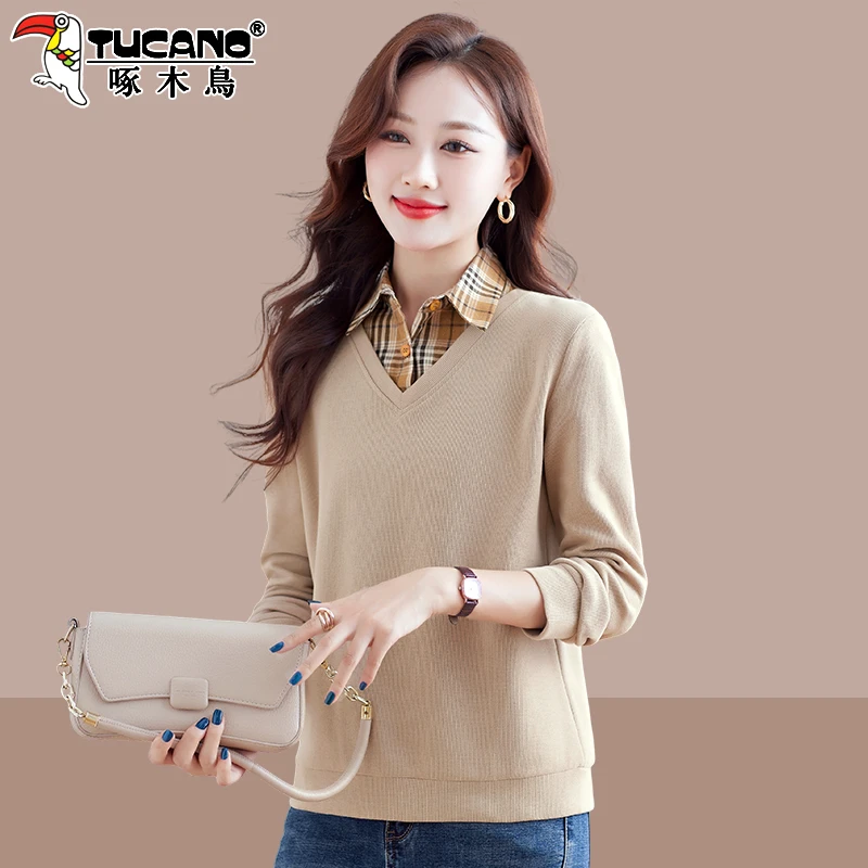 啄木鸟假两件卫衣女款春秋新款爆款小个子洋气短款polo领上衣