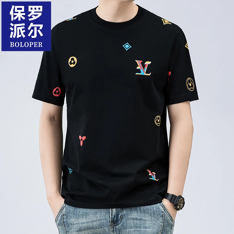保罗男士印花短袖T恤夏季2025新款时尚休闲圆领半袖t恤高品质上衣