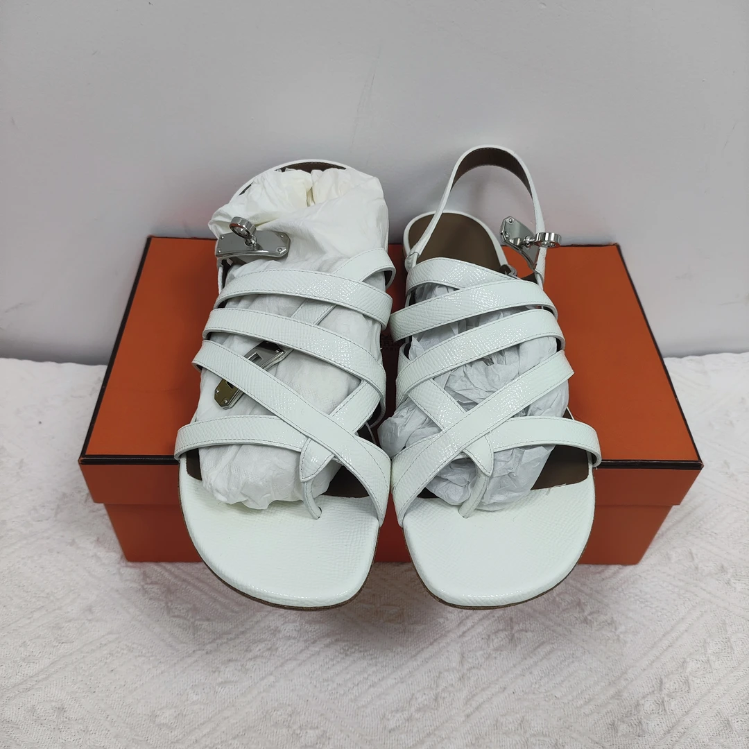 95新 Hermes/爱马仕 皮系带白色拖鞋/250619ZSXQQ20