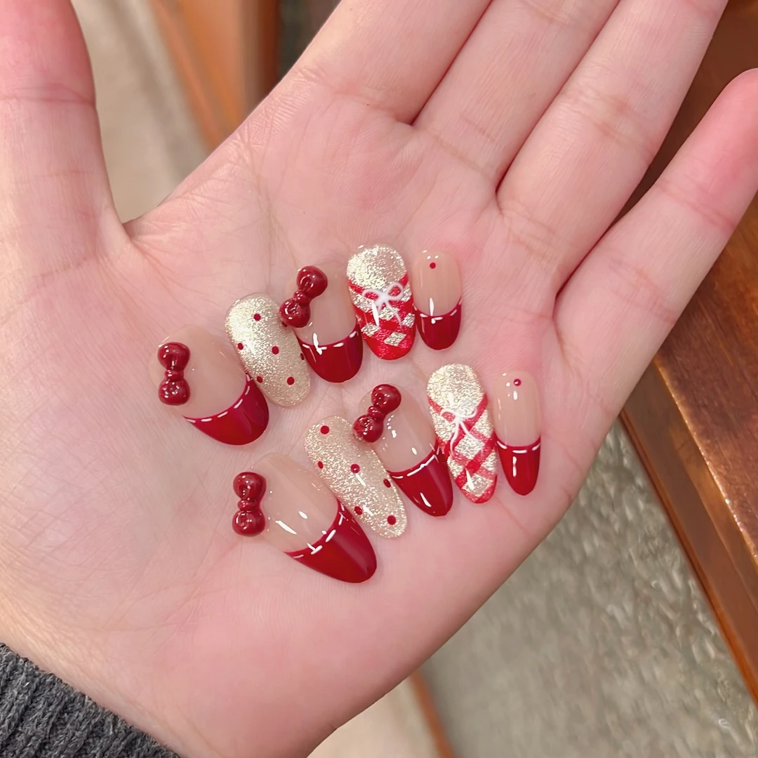 【心悦】祝音定制手工穿戴甲蝴蝶结条纹穿戴式美甲小红书指甲贴