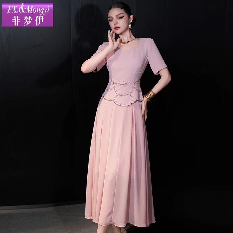 菲梦伊原创钉珠粉色连衣裙女夏装高端优雅收腰时尚中长裙65916