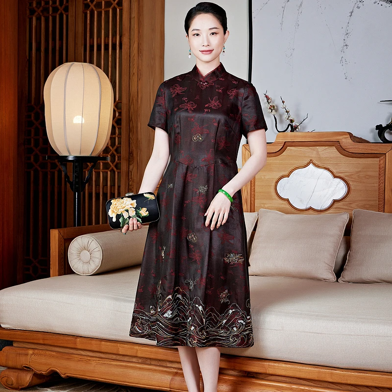 桑蚕丝香云纱夏季复古刺绣显瘦修身气质重视酒红国风连衣裙W25524