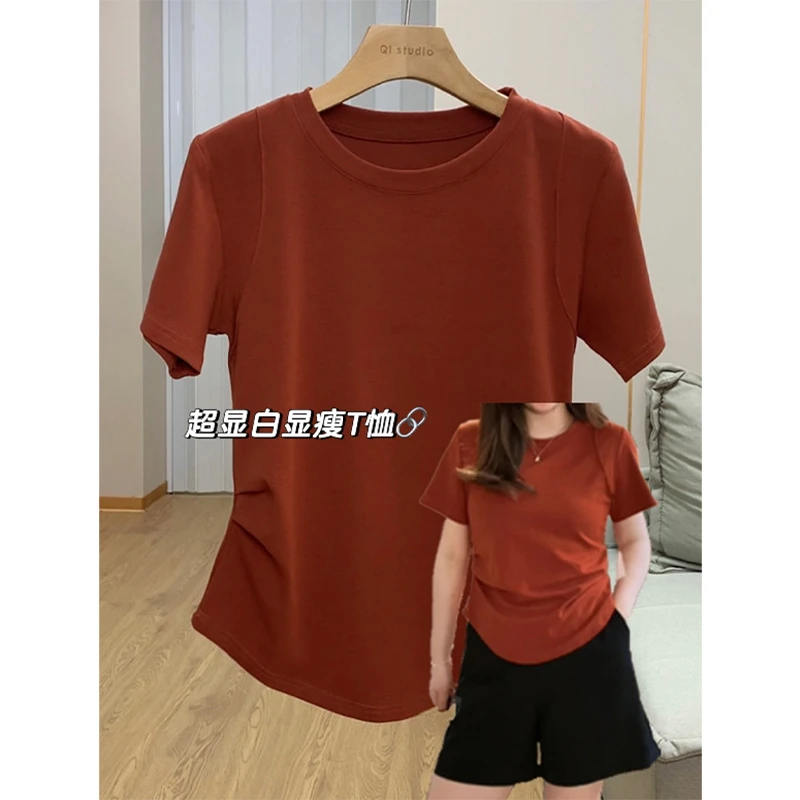 大码胖mm200斤韩版微胖显瘦掐腰圆领正肩短袖t恤女夏百搭气质上衣