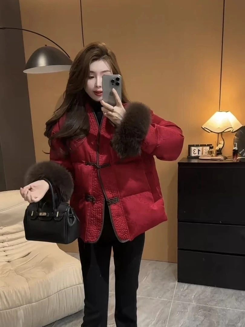 欧洲站网红爆款毛毛袖国风外套女装女冬季气质唐装新中式棉服棉衣