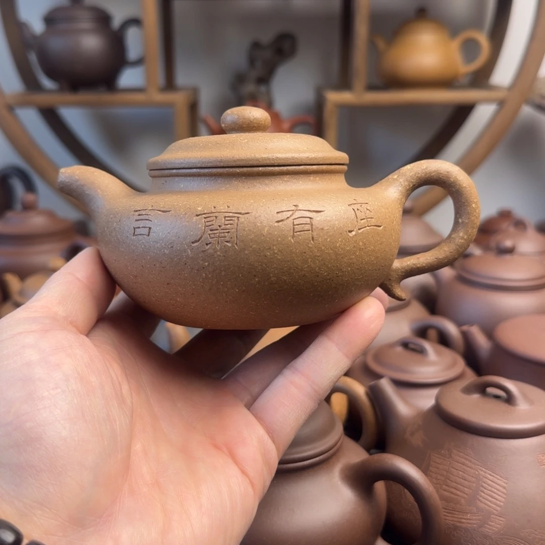 紫砂茶壶仿古300cc台西梨皮老段刻绘