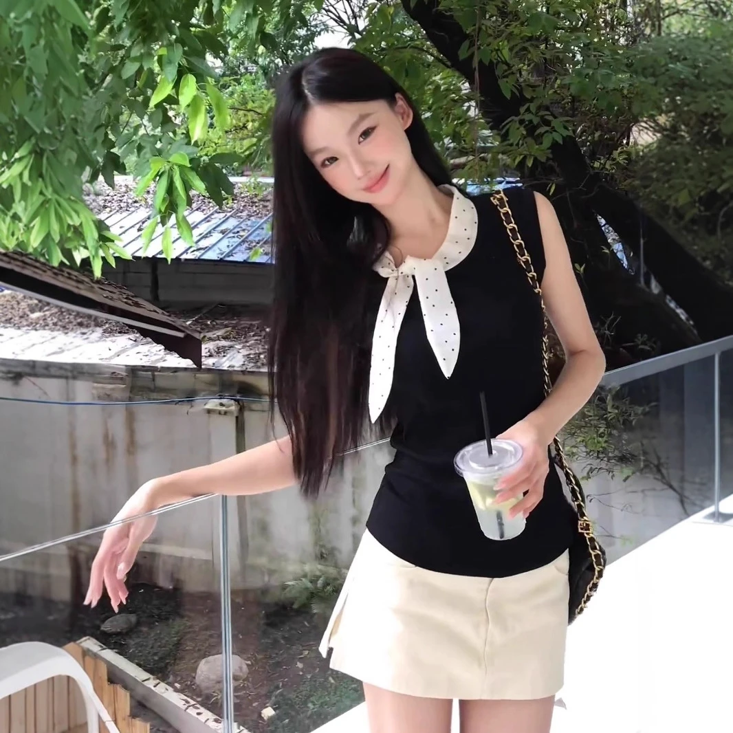法式复古蝴蝶结波点无袖背心女夏季纯欲风设计感小众修身显瘦上衣