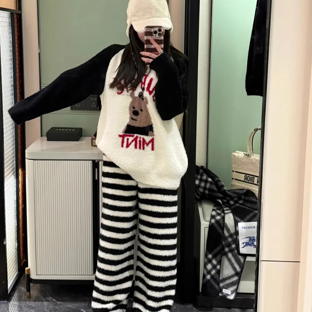 【肉肉专属】可爱小熊睡衣女秋冬季新款加绒半边绒保暖家居服可